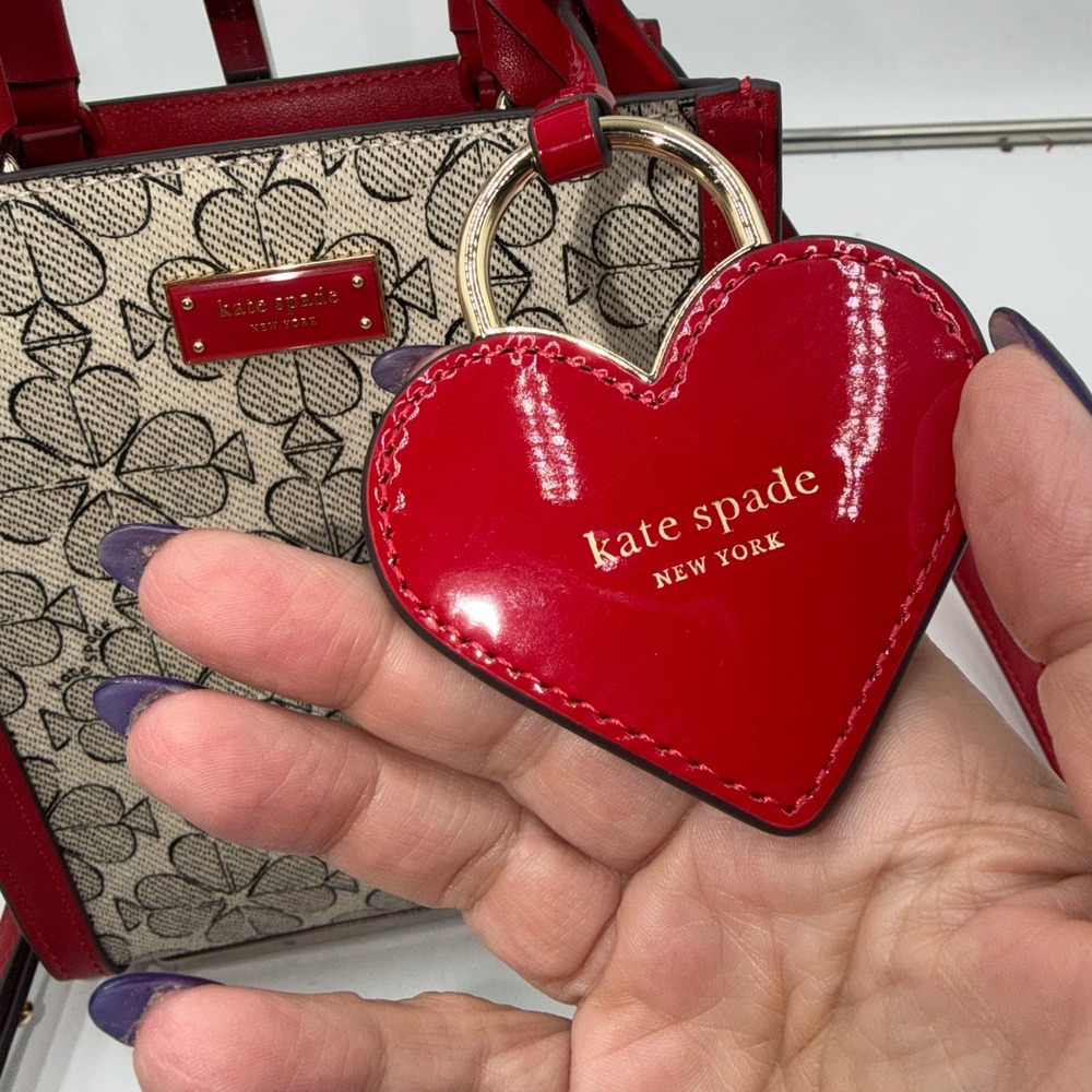 kate spade Red and Beige Printed Crossbody Tote with Heart Charm - Picture 6 of 11